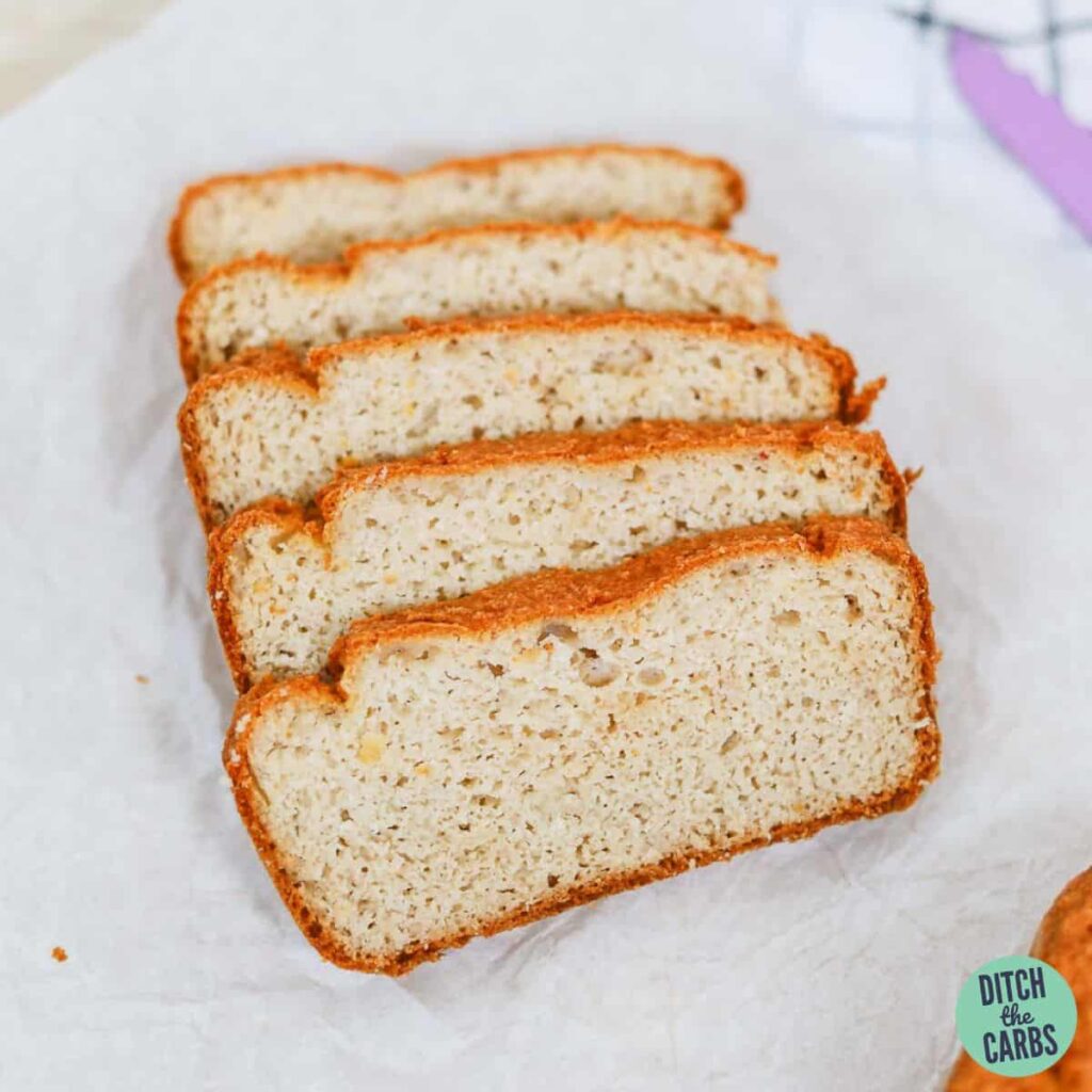 Keto white bread sliced after baking and cooling.